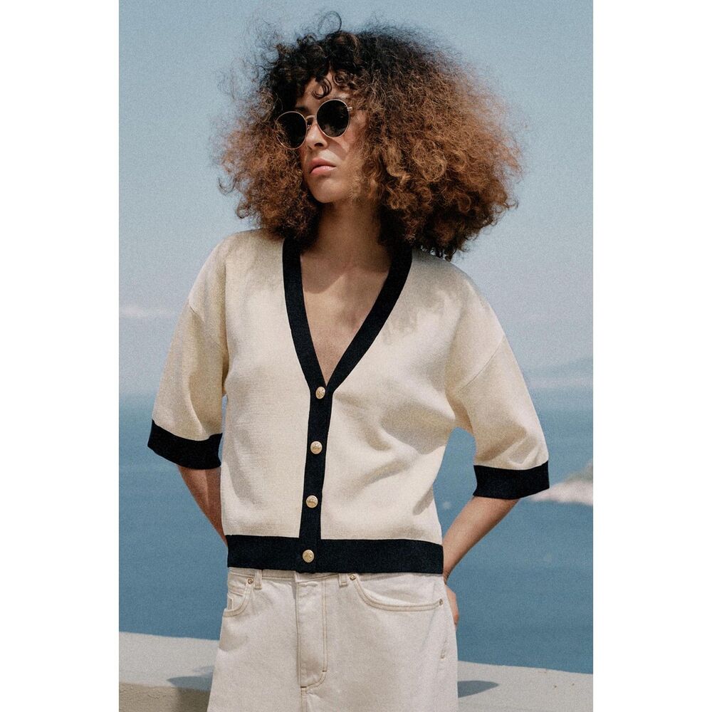 Zara Contrast Binding Cardigan L Ecru NWT Sold Out Knit Top
